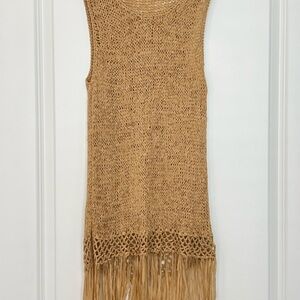 Tan Knit Sleeveless Fringe Top